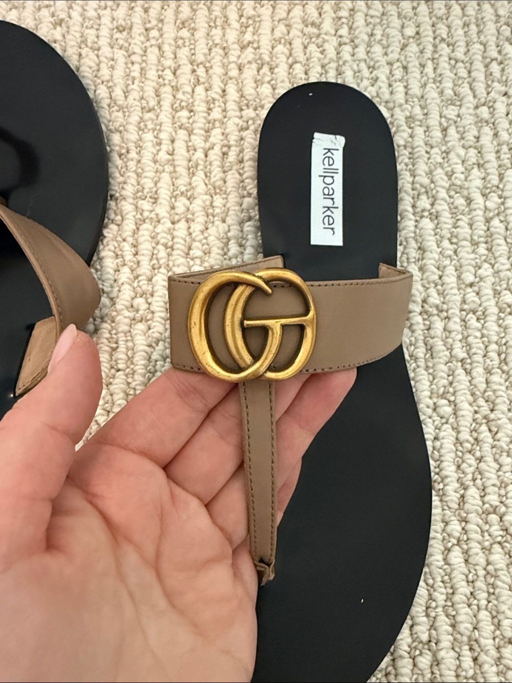 Kell Parker Tan Leather Toe-Post Sandals with Gold Logo Accent - Picture 5 of 5